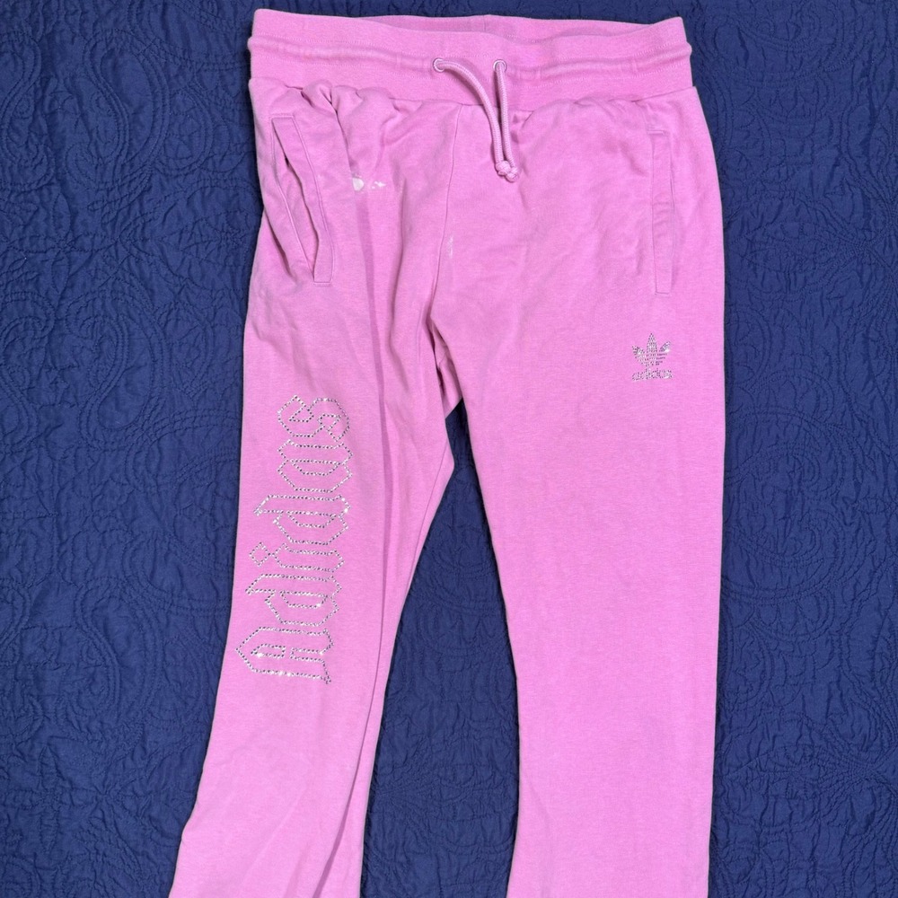 Adidas x Juicy Couture Pink Rhinestone Track Flare Pants Y2K Women‎ M Distressed
